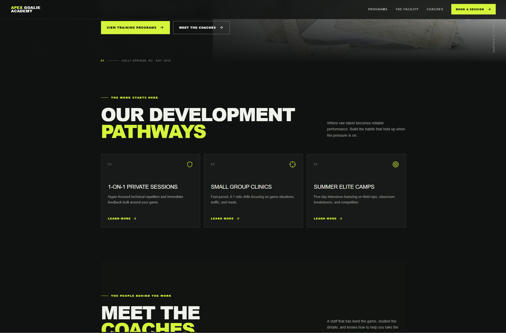 Dark sports academy website concept with bold typography and lime accents